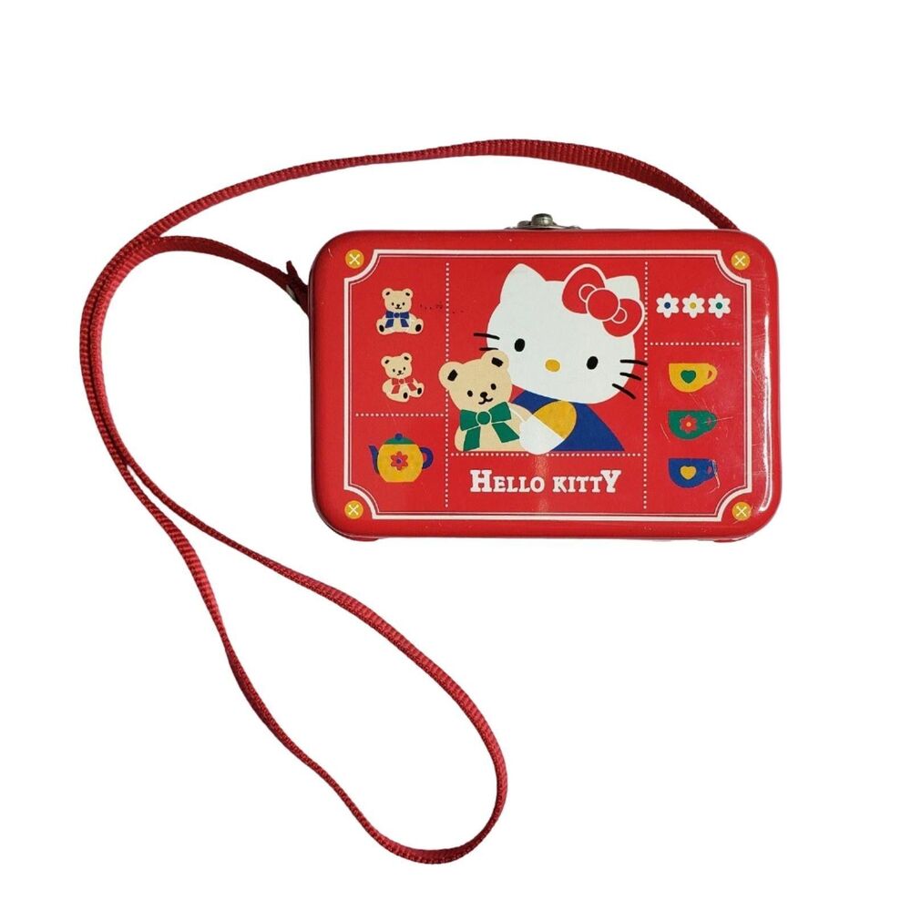 Vintage Hello Kitty Tin Purse Bag 1996 Red Sanrio Teddy Bear Strap Made in Korea
